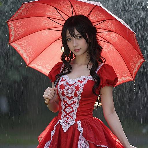Asian woman with long black hair, red lace dress, and red umbrella, standing in rain, holding umbrella, vibrant photograph.