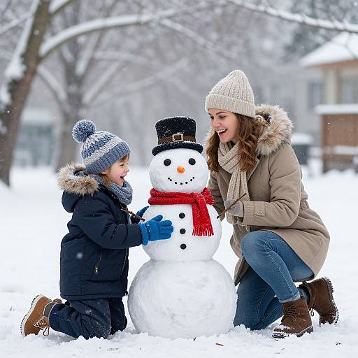 Photograph of a smiling woman and young boy building a snowman in a snowy park, both wearing winter clothes and hats.