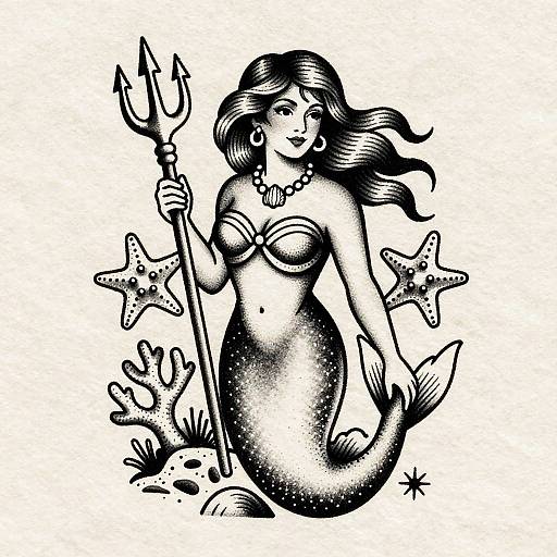 Vintage Monochrome Mermaid Tattoo Flash