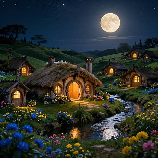 Whimsical digital painting of fairy-tale hobbit houses under a full moon, surrounded by colorful flowers, a flowing stream, and rolling hills.