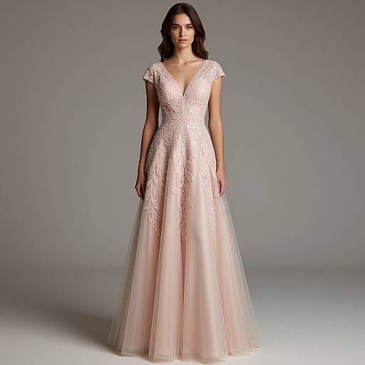 Photograph of a brunette woman in a pale pink, lace-embellished, V-neck, short-sleeved, floor-length ball gown with