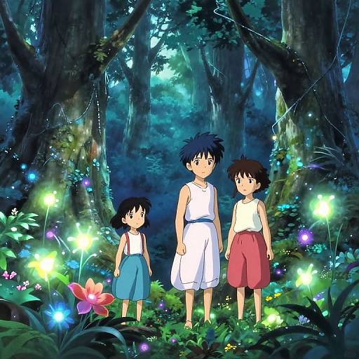 Anime-style illustration of three children, two boys and one girl, standing in a glowing, enchanted forest with fireflies and colorful flowers.
