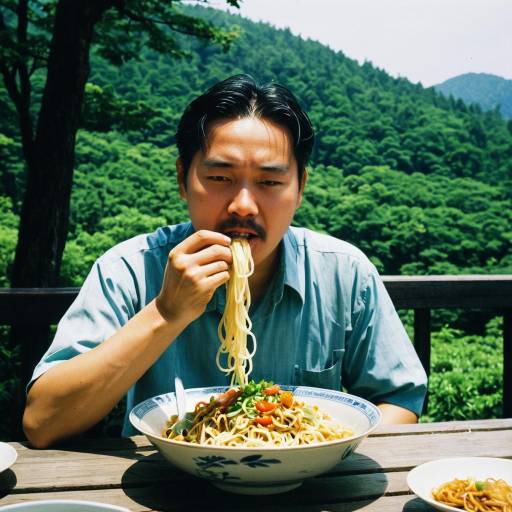 Man Eating Chow Mein Noodles Outdoors