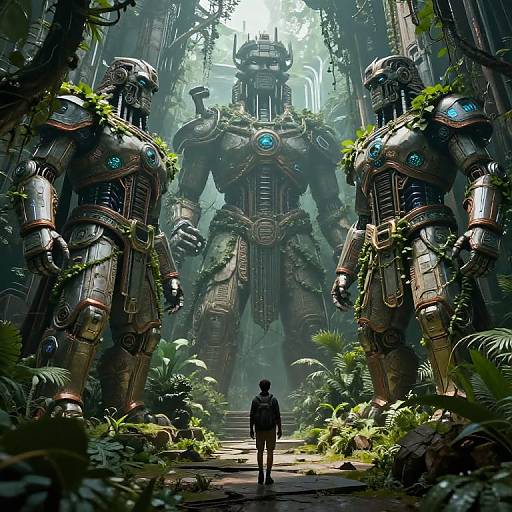 Explorer Facing Colossal Cybernetic Guardians in Jungle Ruins