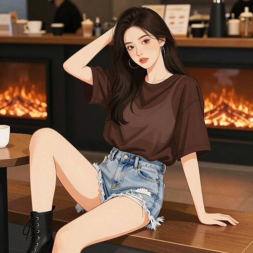 Digital illustration of an Asian woman with long black hair, wearing a black t-shirt, frayed denim shorts, and black boots, sitting on a wooden