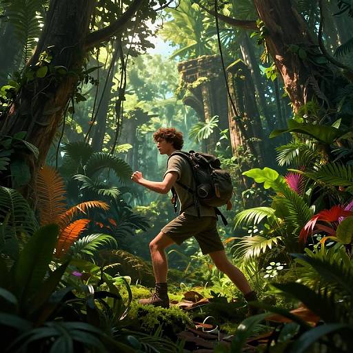 Photorealistic digital artwork: Curly-haired young man in green shorts and backpack runs through a vibrant, sunlit, dense jungle with towering trees and