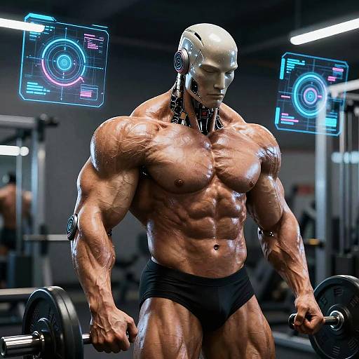 Cyborg bodybuilder with metallic head and black briefs, lifting weights in a futuristic gym with glowing holographic screens. Muscular, shiny skin,