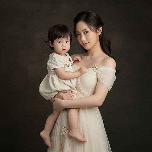 Photograph of an East Asian woman with long black hair, wearing an off-shoulder white dress, holding a toddler in a white outfit against a