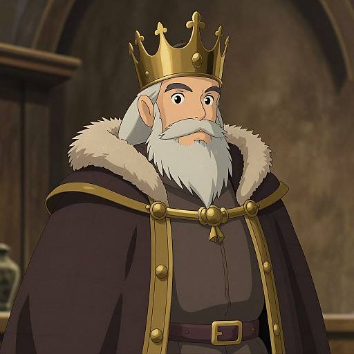 Digital illustration of a stern, bearded king with a gold crown, white beard, and black cape with fur trim, standing in a dimly lit