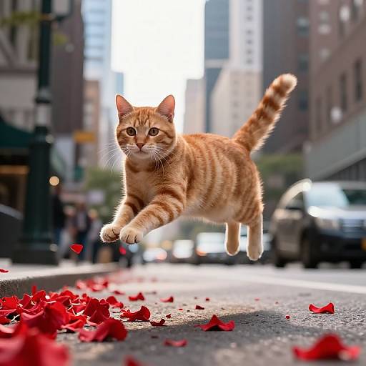 Photograph of an orange tabby cat mid-leap, surrounded by scattered red rose petals, on an urban street with blurred buildings and cars in the