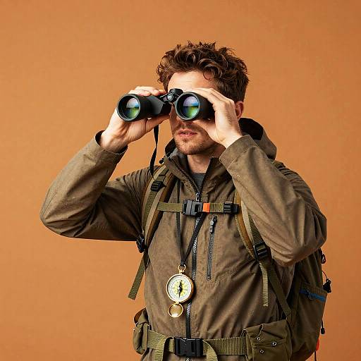 Photograph of a curly-haired man in a brown jacket and green backpack, holding black binoculars against an orange background.
