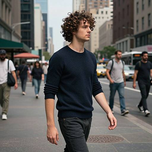 Curly-Haired Man in Vibrant City