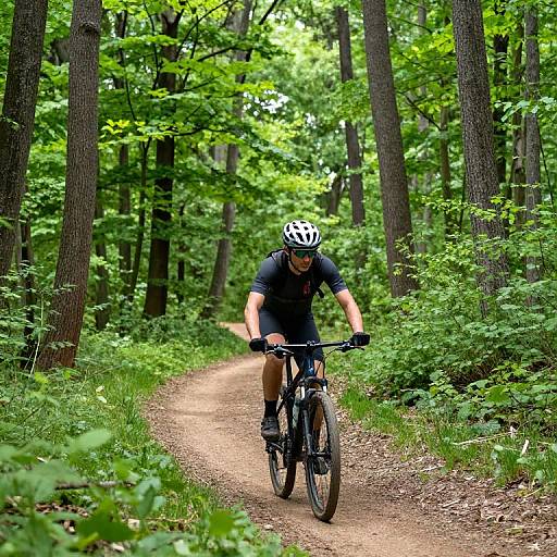 Cyclist on Lush Summer Forest Trail