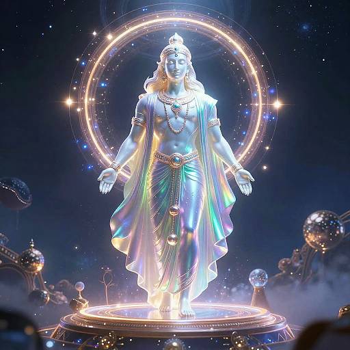 Glowing blue statue of Hindu god Shiva with long hair, adorned in traditional attire, surrounded by celestial rings and stars. Photorealistic CGI