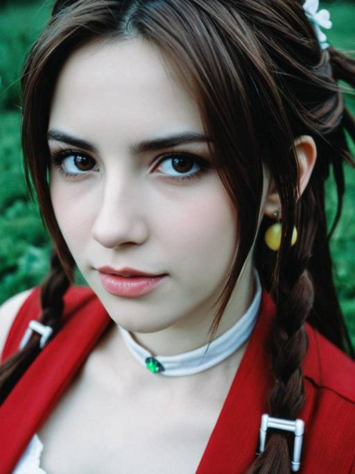 Woman in Aerith Cosplay Costume Close-Up