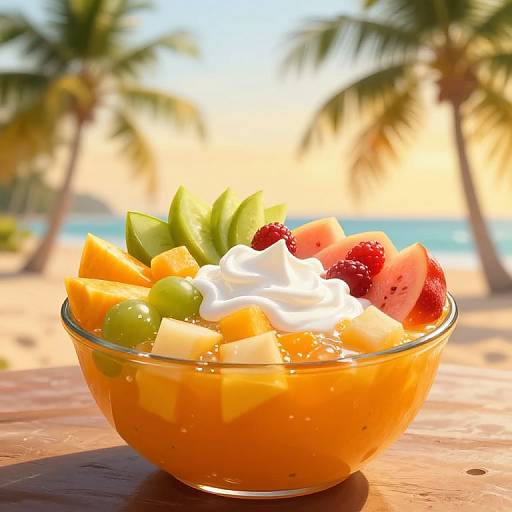 Photograph of a colorful fruit salad with orange segments, green grapes, pineapple chunks, strawberries, and whipped cream in a glass bowl on a sunny beach