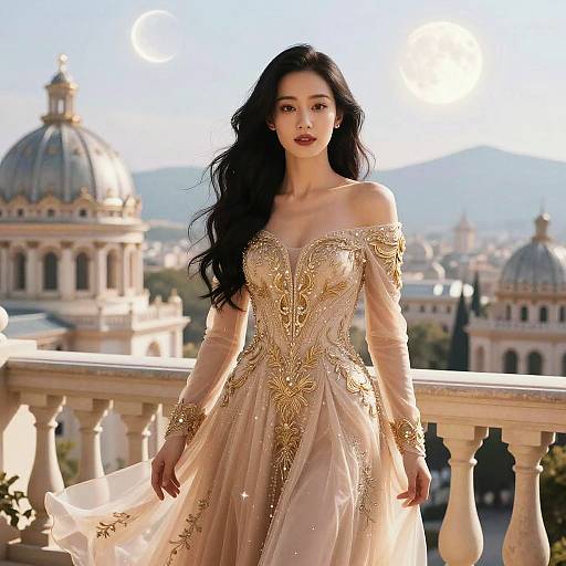 Elegant Woman in Fantasy Cityscape