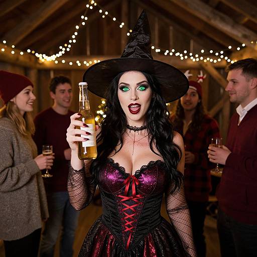Photograph of a pale-skinned woman with green eyes, black witch hat, and red-black corset dress, holding a beer bottle, surrounded by