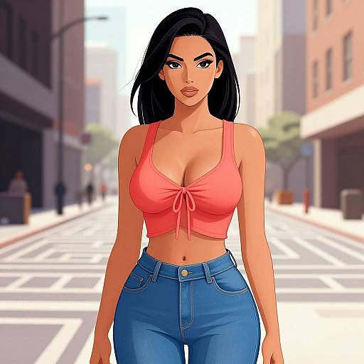 Digital illustration of a confident woman with long black hair, wearing a pink crop top and blue jeans, standing on a sunlit urban street.