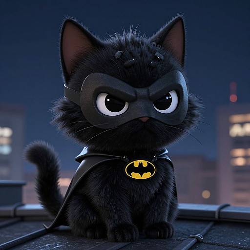 Cute CGI black kitten with Batman mask and cape, featuring yellow Batman symbol on chest, sitting on rooftop at night.