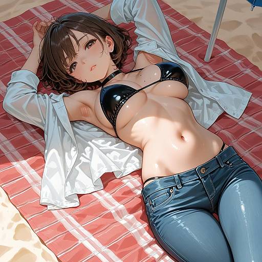 Anime Girl Relaxing on Beach Blanket