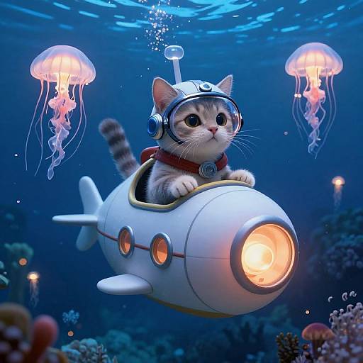 Whimsical Feline Pilot in Teacup Submarine