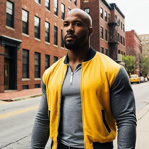 Muscular Black Man in Yellow and Gray Zip-up Shirt on City Street