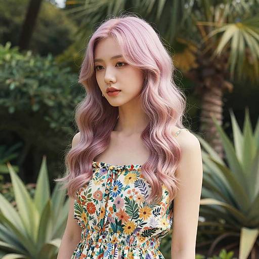 Photograph of a young Asian woman with long, wavy pink hair, wearing a floral strapless dress, standing in a lush, tropical garden.