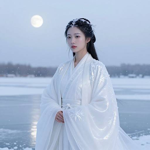 Photograph of an East Asian woman in a white kimono, standing on a snowy lakeshore at dawn, with snowflakes on her hair