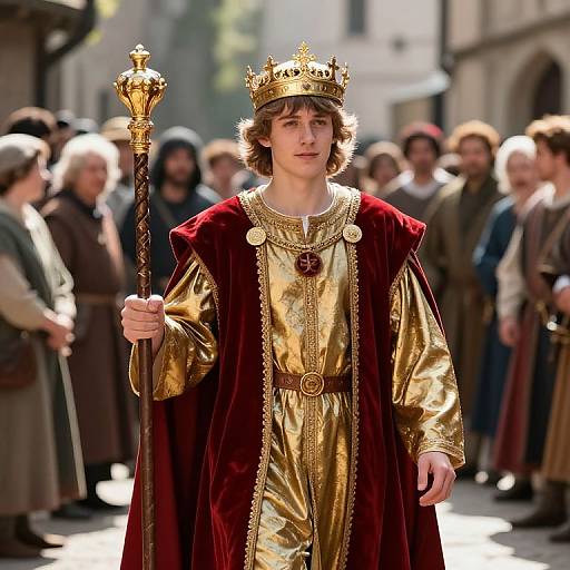 Photograph of a young man with curly hair, wearing a gold robe, red velvet cloak, and gold crown, holding a regal scepter,