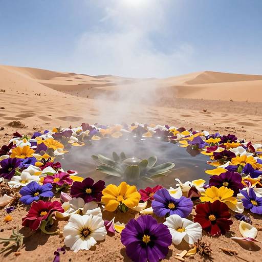 Photograph of vibrant multicolored flowers (yellow, purple, white, red) surrounding a green succulent in a desert with sunlit sand d