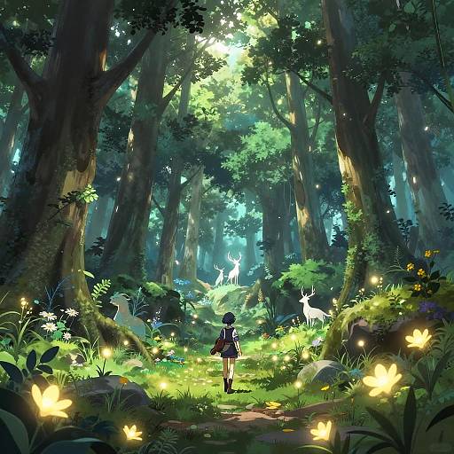 Anime-style digital painting of a girl with a black dress and hat, standing in a luminous, enchanted forest with glowing butterflies and white deer. Sun