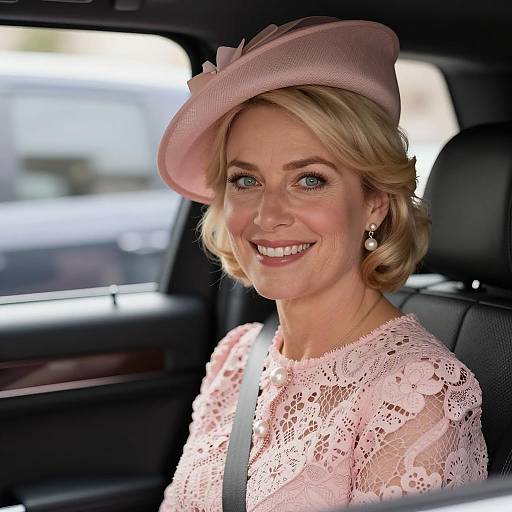 Elegant Woman in Pink Dress in Car