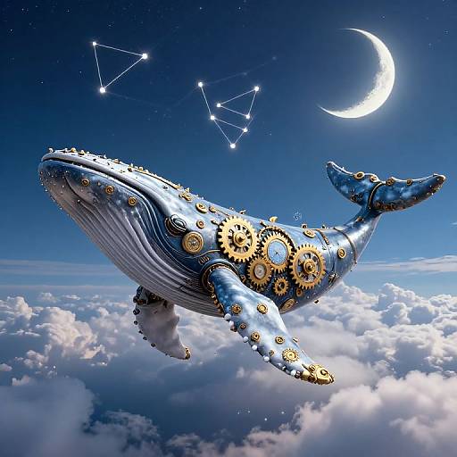 Digital art of a steampunk blue whale with gold gears flying through a starry night sky, crescent moon, and constellation above fluffy clouds.