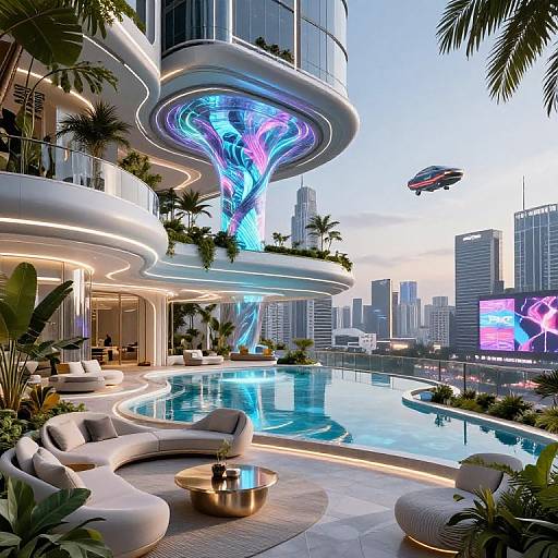 Futuristic cityscape photograph: Curved, glowing building with neon blue swirls, rooftop garden, modern pool, city skyline, flying drone,