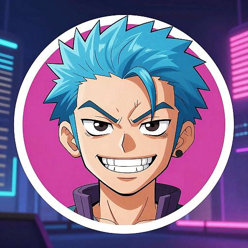 Digital anime-style portrait of a smirking young man with spiky blue hair, black eyebrows, and white teeth, set against a neon pink and