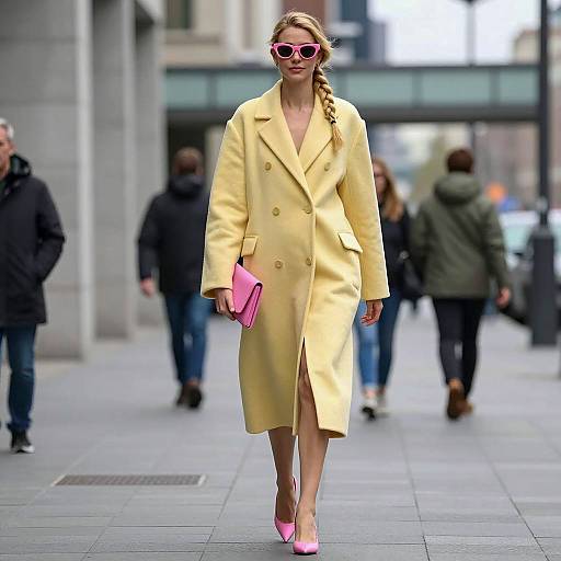 Confident Woman in Yellow Coat and Pink Accessories