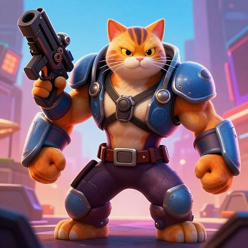 CGI image of a muscular, orange tabby cat with blue armor, holding a black gun, standing in a neon-lit city street.