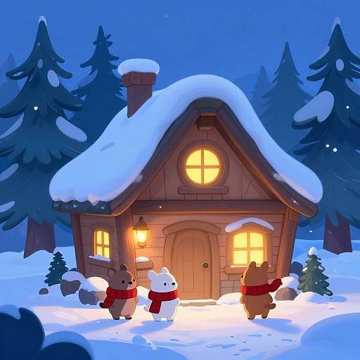 Digital illustration of a snowy, wooden cottage with glowing windows, surrounded by snow-covered pine trees. Three cute, anthropomorphic bears in red scarves stand
