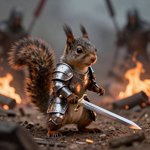 Photograph of a small squirrel in shiny medieval armor, holding a sword, surrounded by blurred, armored figures and glowing fires.