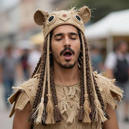 Photograph of a man with medium brown skin, long braided hair, and a mustache, wearing a beige, bear-themed costume with bear ears