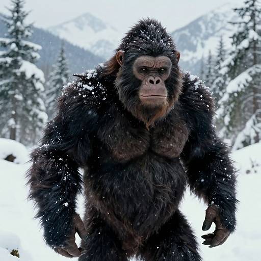 Photograph of a large, muscular, black-furred gorilla standing in a snowy forest with snow-covered trees and mountains in the background.