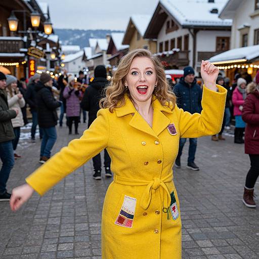 Photograph of a smiling woman with wavy brown hair, wearing a bright yellow coat with patches, cheering in a bustling European street market at dusk.