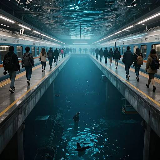 Photograph of a busy, dimly-lit underground subway station with a central water-filled trench, people walking on both sides. Blue ceiling lights reflect