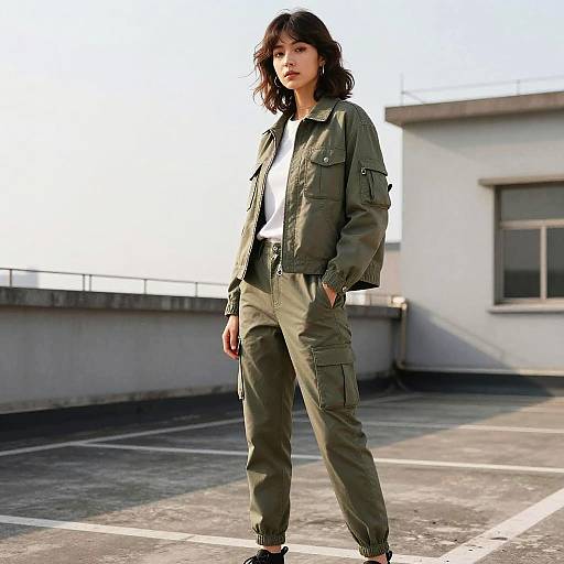 Photograph of an Asian woman with medium-length dark hair, wearing a green military-style jacket and matching cargo pants, standing on a sunlit rooftop.