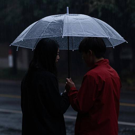 Two People Sharing Transparent Umbrella in Rain