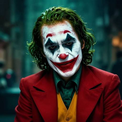 Photograph-style digital art of Joker with green hair, white face paint, red nose, black eye makeup, red lips, red suit, yellow vest