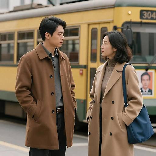 Serious Encounter by a Colorful Tram