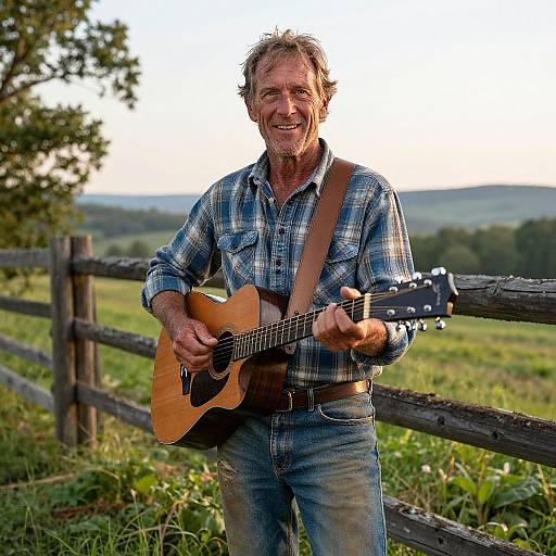Photograph of a smiling, middle-aged man with graying hair, wearing a plaid shirt and blue jeans, playing an acoustic guitar in a sun