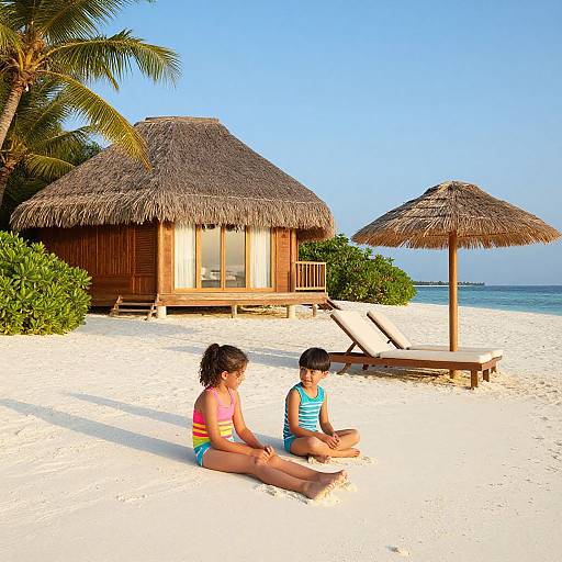Photograph of two children in colorful swimsuits sitting on white sand in front of a thatched-roof wooden beach hut with a palm tree and beach